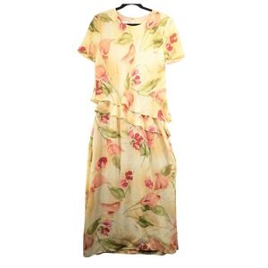 K Studio Vintage 90s Floral Chiffon Tiered Maxi Dress Yellow Pink Size 10